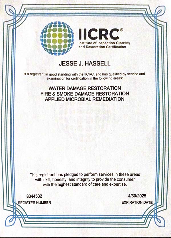 Jesse Hassel IICRC certification Bulovas Restoration